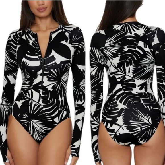 Trina TURK Zip SUN SUIT swimsuit long sleeve yoga Thumb hole black white - Picture 2 of 6